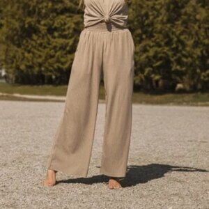 Jackson Rowe Pants Tan Beige Wide Leg Womens Medium Jasmine Flowy Neutral Ribbed